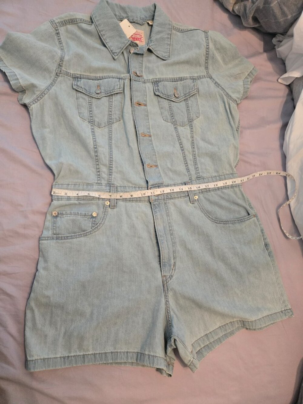 Levi's NWT Women's XL Light Wash Heritage Short Sleeve Button Shorts Romper - Picture 8 of 11